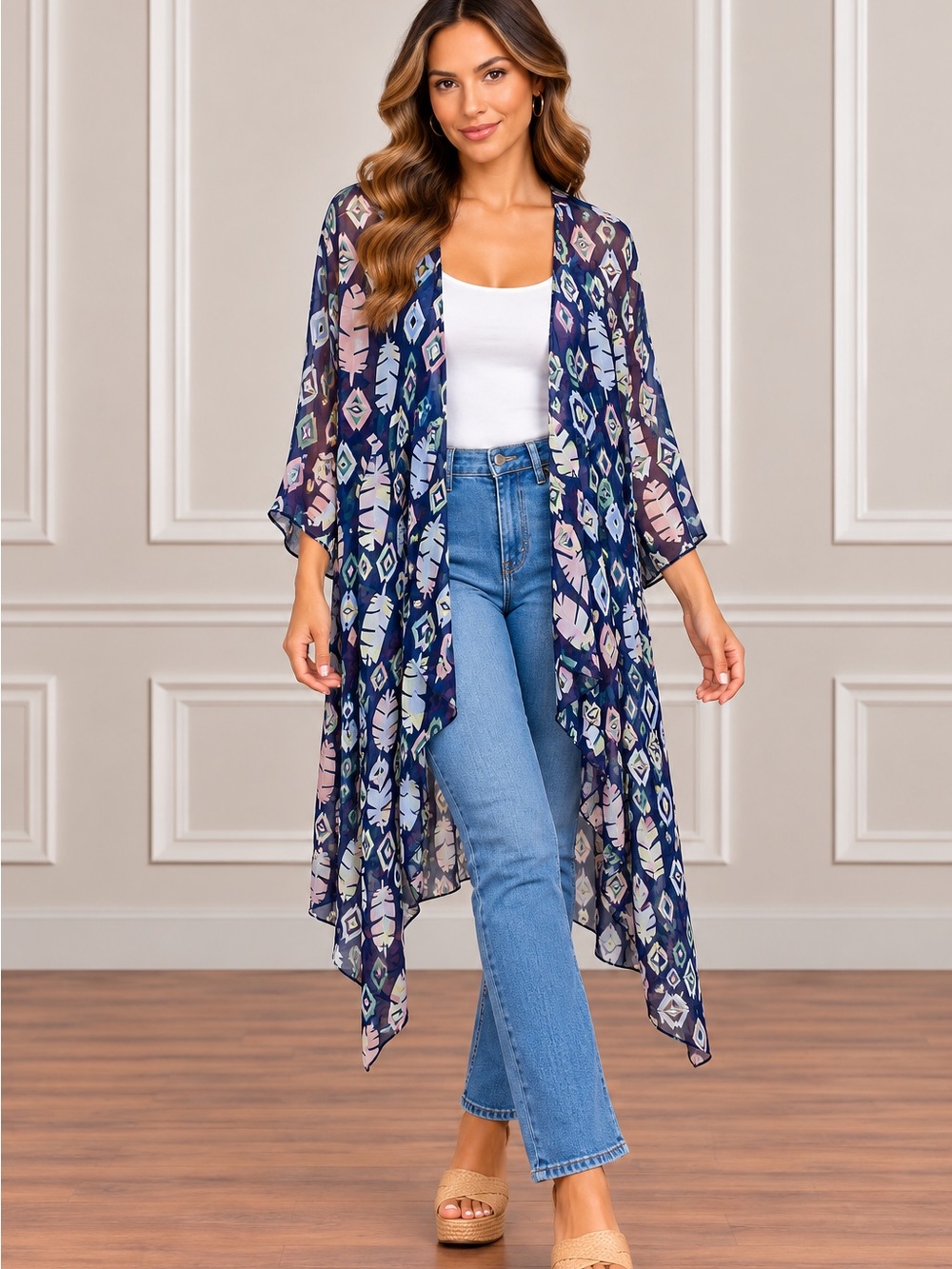 LuLaRoe Navy & Light Pink Patterned Kimono